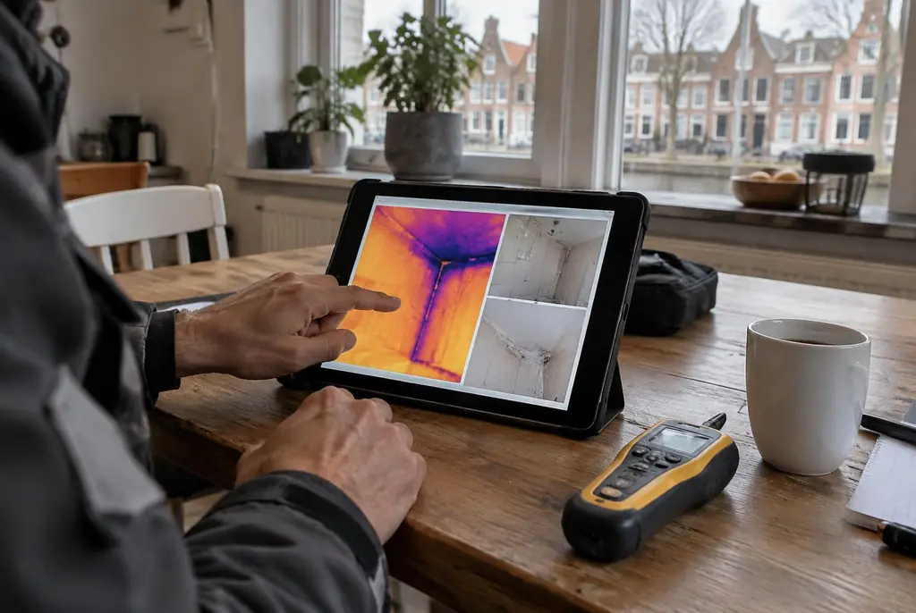 Lekdetectie Sliedrecht – lekdetectierapport met warmtebeelden en foto's op een tablet