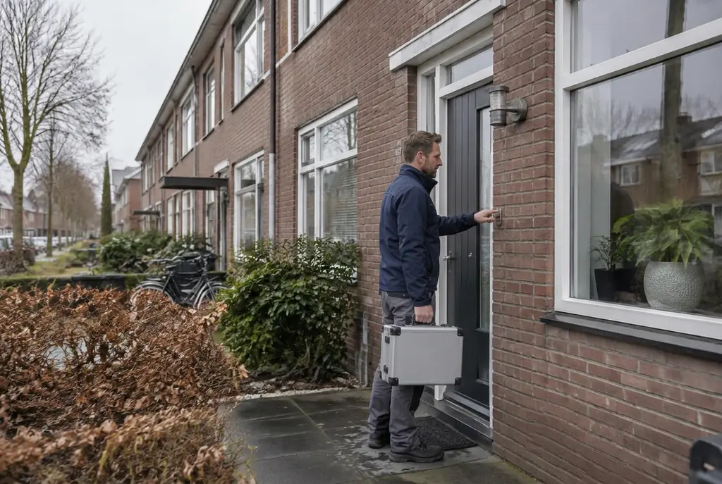 Lekdetectiespecialist met meetkoffer bij de voordeur van een woning in Sliedrecht